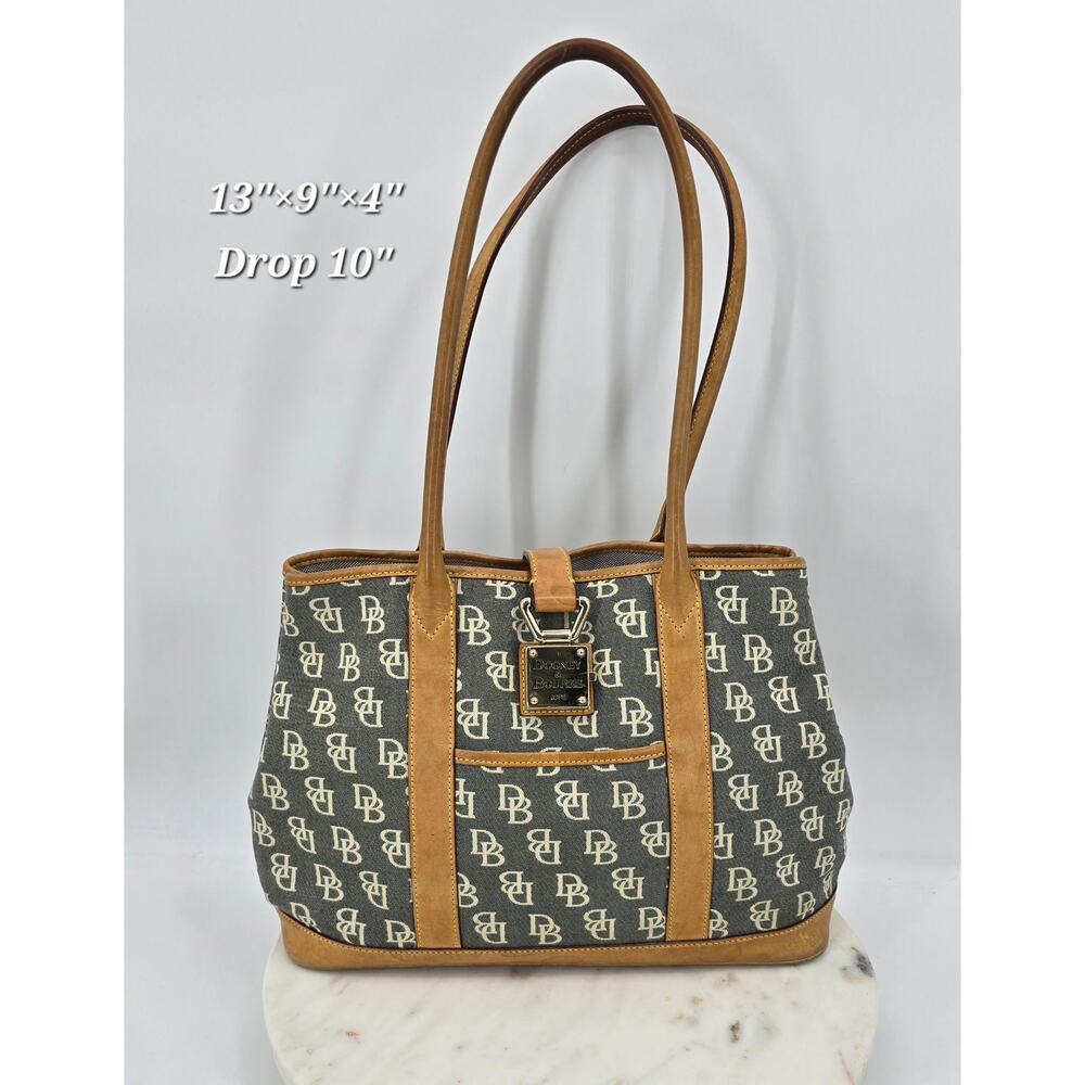 Dooney & Bourke DB Signature Canvas Tote Bag Tan Leather Trim‎